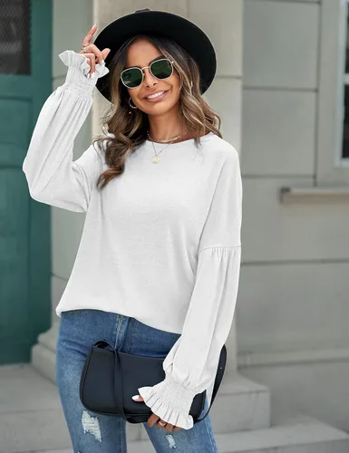 Vista 4 de MEROKEETY Blusa holgada de manga larga con cuello redondo y puños fruncidos para mujer 2024