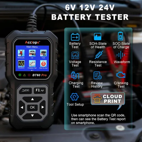Vista 5 de BT60 Pro Probador de Batería de Coche, Analizador Digital con Impresión en la Nube, Verificador de Batería de 6V/12V/24V para AGM, Litio