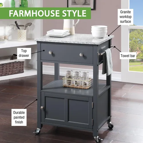 Vista 5 de OSP Home Furnishings Fairfax Farmhouse - Carrito de cocina con parte superior de granito, armario de almacenamiento rodante con toallero, estante