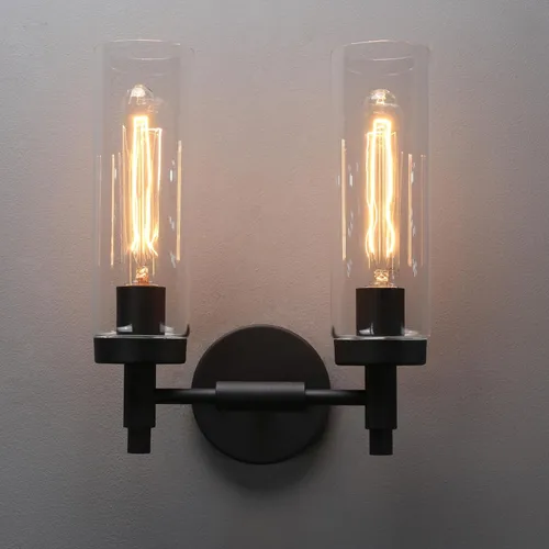 Vista 13 de Phansthy Lámpara de pared industrial rústica con pantalla tubular de vidrio transparente (aplique de 2 luces)
