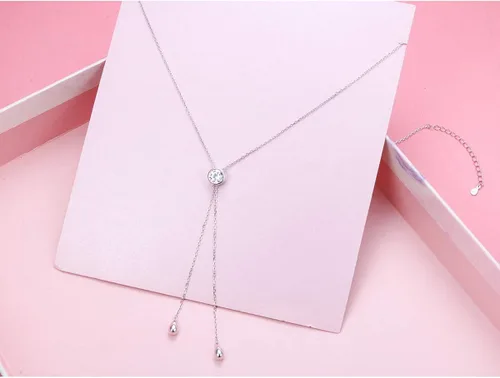 Vista 6 de FLYOW Collar de cadena larga de plata de ley con forma de lágrima en Y Lariat, collar de suéter de declaración, collares de Navidad, regalos