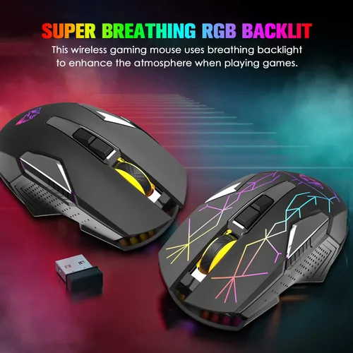 Vista 7 de Ratón inalámbrico para juegos recargable con retroiluminación RGB de arcoíris silencioso, 2.4 G, sensor óptico de 3 niveles DPI, computadora