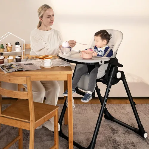 Vista 8 de BABY JOY Silla alta para bebés y niños pequeños, silla alta plegable con respaldo/reposapiés/altura del asiento, bandejas dobles extraíbles, cojín