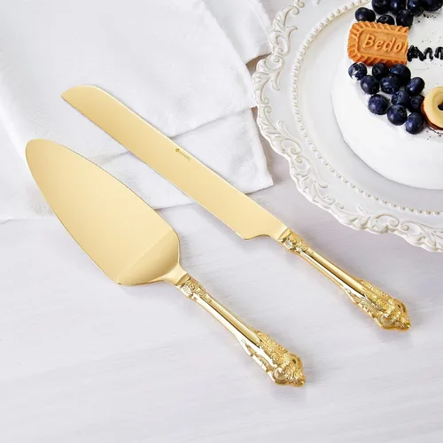 Vista 4 de KEAWELL Magnífico juego de cuchillos y servidor para pastel de boda, acero inoxidable 18/10, juego de corte de pastel de lujo fino (dorado)
