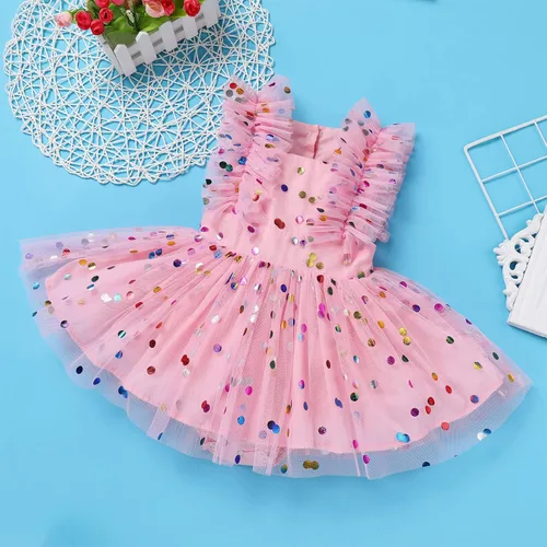 Vista 2 de Vestido mameluco para niña de flores para bebé, vestido de lunares de verano, cumpleaños, vestidos de tul con lentejuelas brillantes, vestidos