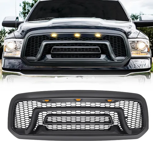Vista 9 de Rejilla frontal negra brillante compatible con Dodge Ram 1500 2013-2018, Ram 1500 Classic 2019-2023, con luces ámbar (sin letra "RAM")