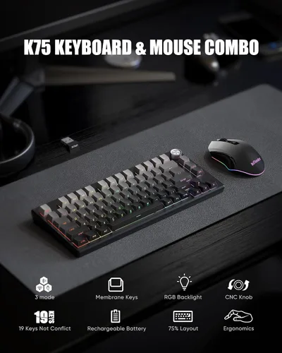 Vista 2 de RedThunder K75 Combo de teclado y mouse inalámbricos, teclado de membrana grabado lateral del 75%, mouse óptico para juegos con 4800 DPI, 3 modos