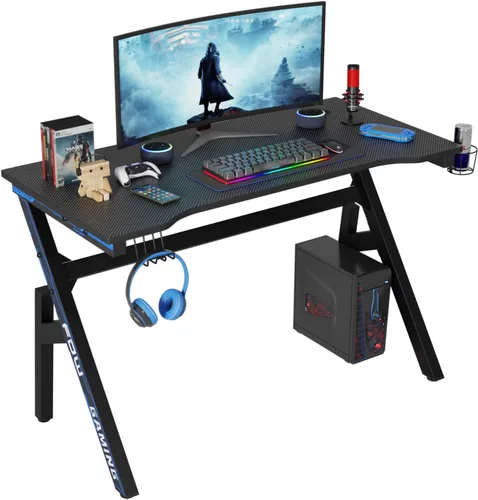Vista 15 de PayLessHere Mesa de Juegos de 35" Azul Escritorio de Computadora en Forma de Z con Marco de Acero, Gancho para Auriculares, Pies Ajustables