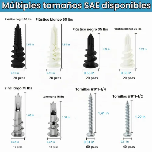 Vista 4 de Kit de anclajes y tornillos de pared en seco, 200 anclajes de pared autoperforantes y tornillos para paneles de yeso, chapa, puerta hueca, pared