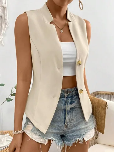 Vista 3 de Milumia Chaleco de cuello con muescas para mujer, chaqueta de trabajo sin mangas con un solo pecho