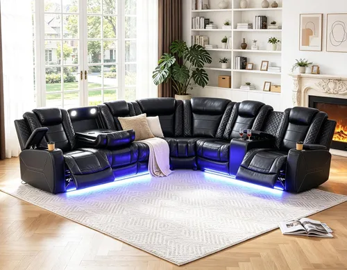 Vista 23 de Juego de sofá modular reclinable eléctrico para sala de estar, juego de sofá reclinable de cuero con luces LED / almacenamiento oculto, sofá