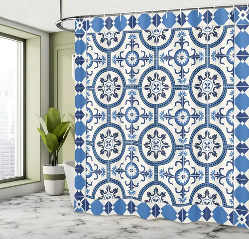 Vista 4 de Ambesonne Cortina de ducha marroquí, estilo turco oriental, motivos de mosaico en diseño retro clásico, juego de decoración de baño de tela