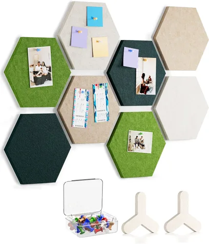 Vista 10 de MaxGear 8 Piezas Azulejos de Tablero de Corcho de Fieltro Hexagonales, Verde Autoadhesivos DIY Tablón de Anuncios Tablero de Pines para Oficina