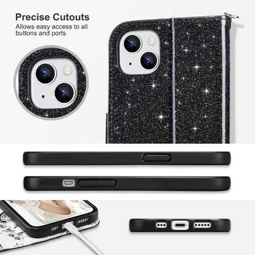 Vista 8 de ULAK Compatible con iPhone 13 Funda tipo cartera para mujer, funda tipo billetera de piel PU con tarjetero y función de caballete, funda protectora