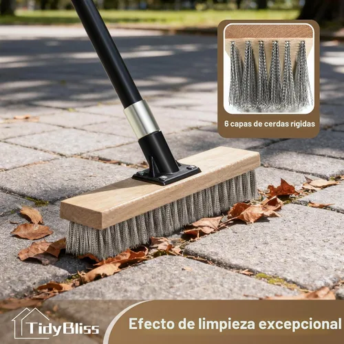 Vista 3 de TidyBliss Cepillo de alambre de acero inoxidable con mango largo, escoba rígida de metal resistente, removedor de musgo para exteriores para piso