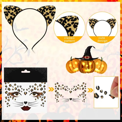 Vista 3 de Eaasty 2 piezas de disfraz de animal con orejas y diadema de animales temporales para Halloween, cosplay, fiestas de niñas y mujeres (leopardo)