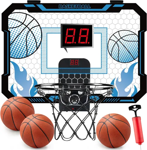 Vista 9 de VROGTIK Aro de baloncesto interior para niños con luces LED, mini aro de baloncesto con control remoto sobre la puerta, aros de baloncesto