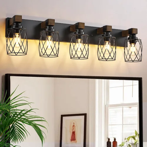 Vista 14 de Farmhouse 3-Light Wood Bathroom Vanity Light, White Metal Cage Shade