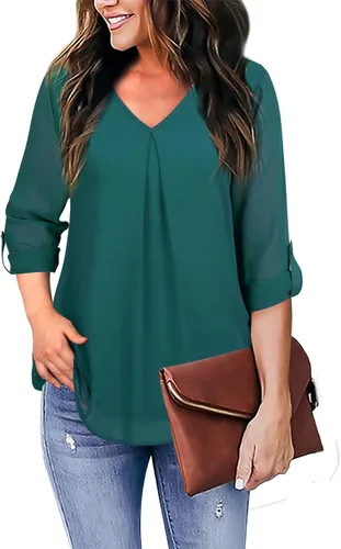 Vista 2 de Bebonnie Blusas de encaje de gasa con cuello en V y manga 34 enrollables para mujer