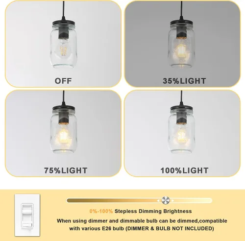 Vista 6 de Luces colgantes de cristal para isla de cocina, 1 luz negra colgante con pantalla de vidrio, lámpara colgante de tarro de masón