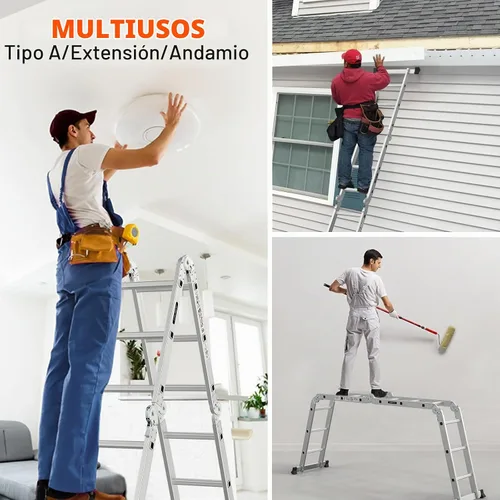 Vista 7 de LUISLADDERS Escalera plegable Extensión de aluminio multiusos 7 en 1 escalón resistente combinación EN 131 estándar (12.5 pies)