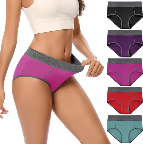 Vista 8 de POKARLA - Ropa interior elástica de algodón para mujer, pantaletas de cintura media alta, paquete de 5 Negro