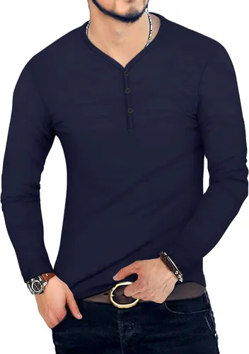 Vista 3 de MLANM Camiseta básica Henley de algodón de manga corta y larga para hombre