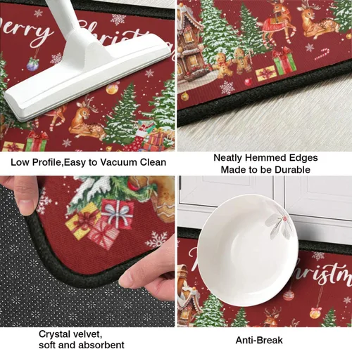 Vista 6 de Juego de 2 alfombras de cocina de Navidad, muñeco de nieve, árbol de Navidad, antideslizantes, lavables, decoración de cocina de invierno y Navidad