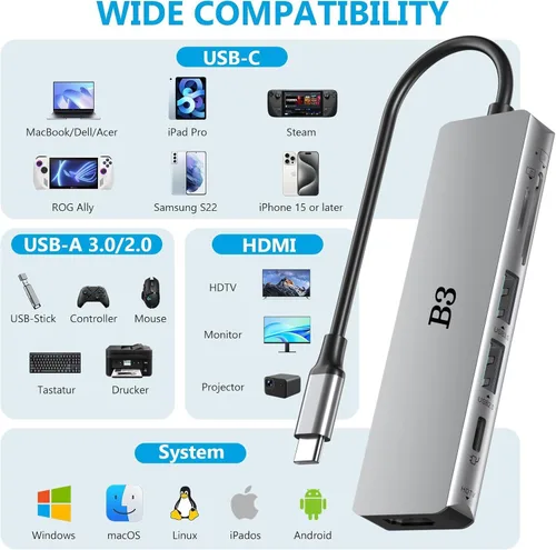 Vista 7 de Adaptador multipuerto USB C Hub 6 en 1 con HDMI 4K@60Hz, 100W PD, 2 puertos de datos USB A y lector de tarjetas SD/TF, Hub de aluminio tipo C