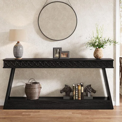 Vista 8 de Tribesigns Mesa Consola Moderna, Mesa de Entrada Extra Larga de 71 Pulgadas con Almacenamiento, Mesa de Sofá Estrecha de 2 Niveles Detrás del Sofá