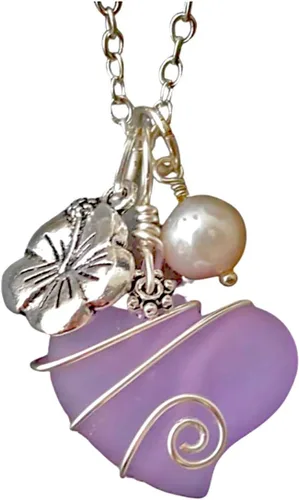Vista 11 de Collar de cristal de mar hecho a mano, collar de corazón de alambre, collar de abalorios y perlas, joyería de cristal de mar, regalo de cumpleaños