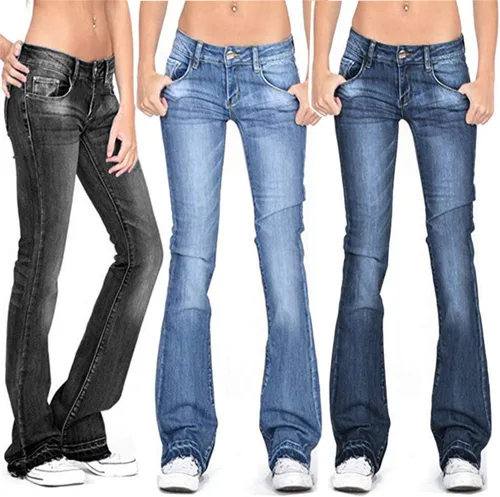 Vista 4 de Andongnywell - Pantalones de mezclilla elásticos de cintura media para mujer, elásticos, acampanados, pierna ancha, pantalones de mezclilla
