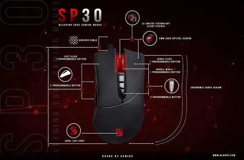 Vista 5 de Bloody SP30 - Mouse ergonómico para juegos con interruptor óptico, interruptor de mouse más rápido en juegos, sensor de grado entusiasta, 8 botones