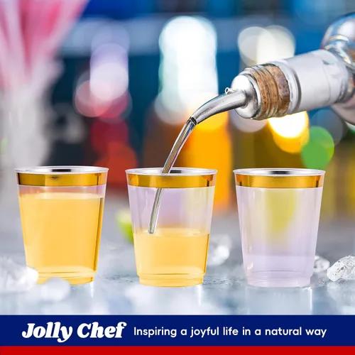 Vista 5 de JOLLY CHEF Paquete de 100 vasos de plástico dorado de 10 onzas, vasos de plástico transparente elegantes con borde dorado desechables, perfectos