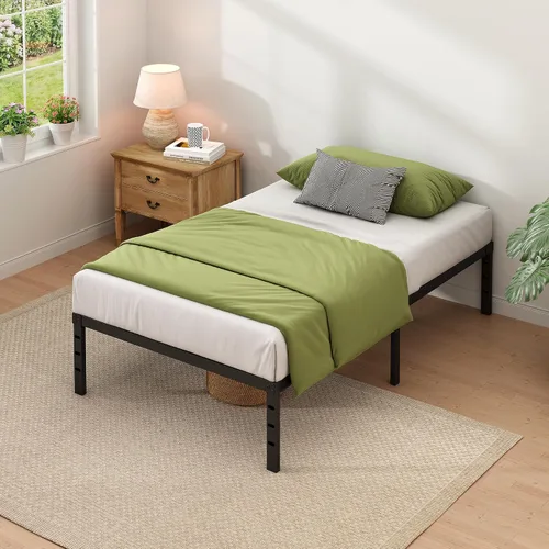 Vista 12 de NEW JETO - Marco de cama metálico, marco de cama tamaño individual con espacio de almacenamiento, base de colchón resistente y duradera, montaje