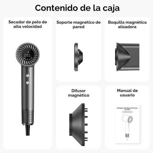 Vista 8 de Secador de pelo, motor sin escobillas de 150000 RPM con iones negativos de 500 M, diseño ligero de secado rápido, termocontrol y boquilla
