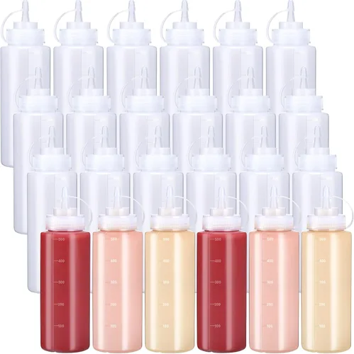 Vista 9 de Xinnun 24 botellas de plástico para exprimir condimentos, a prueba de fugas, botellas multiusos con tapa superior giratoria para salsas, ketchup