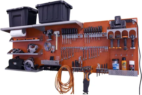 Vista 18 de OmniWall Weekend Warrior Ultimate Tool Kit - Sistema de Almacenamiento de Pared de Tablero de Clavos de Metal de 96" x 32" Negro/Naranja