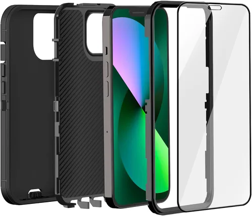 Vista 2 de Funda resistente para iPhone 13 y iPhone 14, protección a prueba de golpes de grado militar, incluye 2 protectores de pantalla de vidrio templado