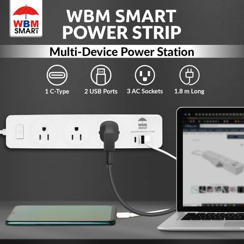 Vista 2 de WBM Smart Regleta de alimentación de 5.9 pies y 10 A, enchufe de cable de extensión con 2 puertos USB y 1 enchufe tipo C, certificado ETL, extensor