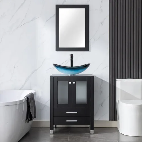 Vista 27 de LUCKWIND Combinación de tocador de baño de 24 pulgadas con lavabo, serie elegante con marco pintado, armario de almacenamiento de baño de dos