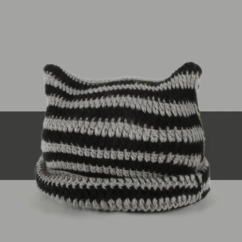 Vista 2 de Gorro de invierno para mujer, cálido, holgado, con orejas de gato, a rayas, con puños, calavera, cálido, para esquí