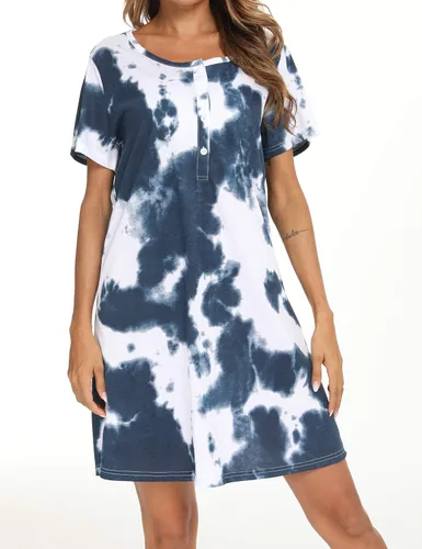 Vista 4 de ENJOYNIGHT Camisón de manga corta para mujer, teñido anudado, ropa de descanso, para lactancia, camisa de dormir