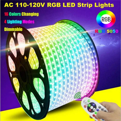 Vista 5 de Tira de luces LED RGB de alto voltaje, CA 110 V-120 V, 60 unidades SMD 5050 LED, control remoto, multicolor cambiante, impermeable, flexible
