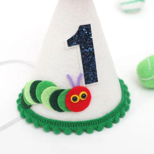 Vista 4 de Hungry Caterpillar - Corona de cumpleaños para niños, decoración de fiesta de primer cumpleaños, corona de aplastamiento de pastel