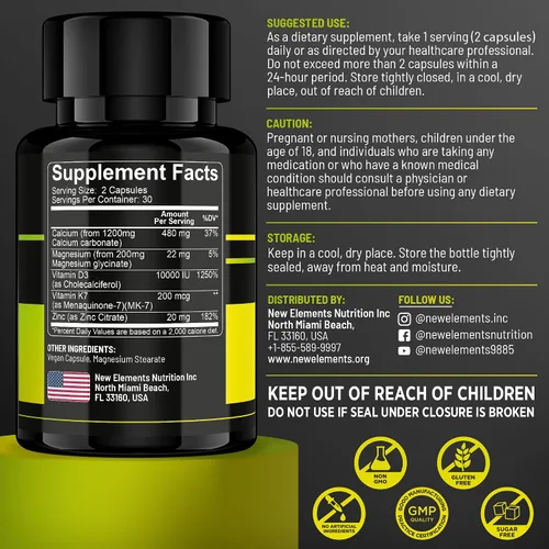 Vista 3 de Vitamina D3 K2 con glicinato de magnesio + zinc y calcio Magnesio 1500mg D3 10,000 UI K2 (MK7) 200mcg Zinc 50mg Calcio 50mg Apoyo