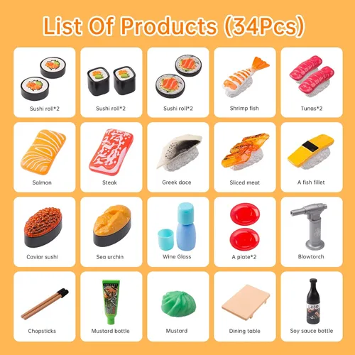 Vista 2 de Funpynani - Juego de comida de simulación para cortar sushi, 34 piezas, juguetes de alimentos de simulación con luz LED que cambia