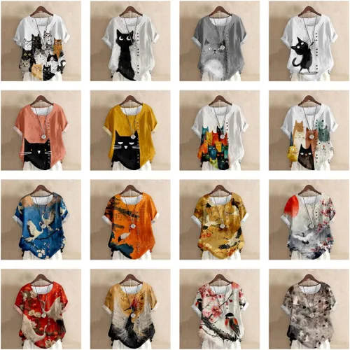 Vista 6 de domirica Flower Bird Printed Loose Boho Shirts Women Plus Size Summer Crew Neck Short Sleeve Blouses Colorido