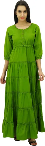 Vista 5 de Bimba Vestido largo de algodón de verano con manga 34 para mujer con cordón en la cintura
