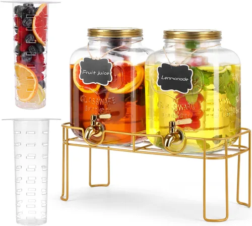 Vista 8 de Dispensador de bebidas de vidrio de 1.6 galones, 2 piezas dispensador de bebidas con soporte, dispensador de limonada con grifo de acero inoxidable